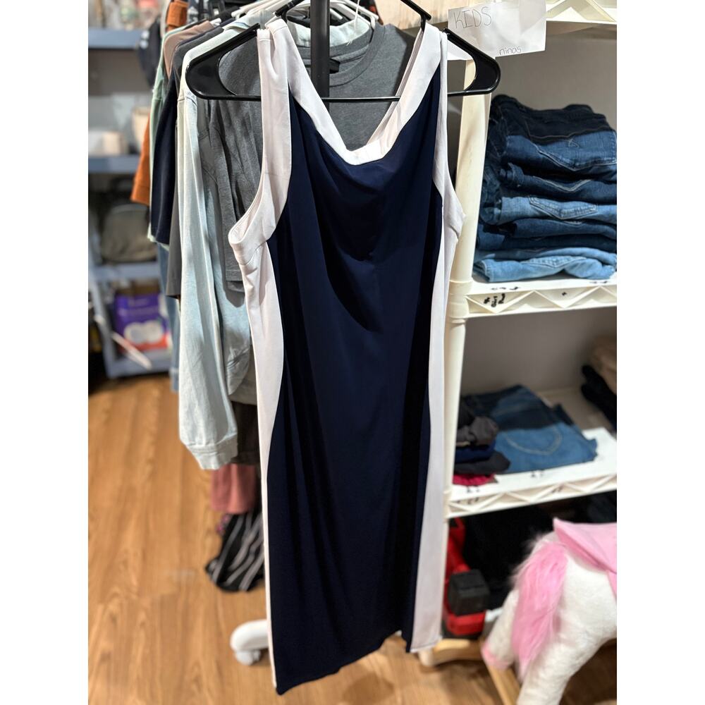 Plus Size Navy White Colorblock Dress 20W Sleeveless Draped Front Slimming